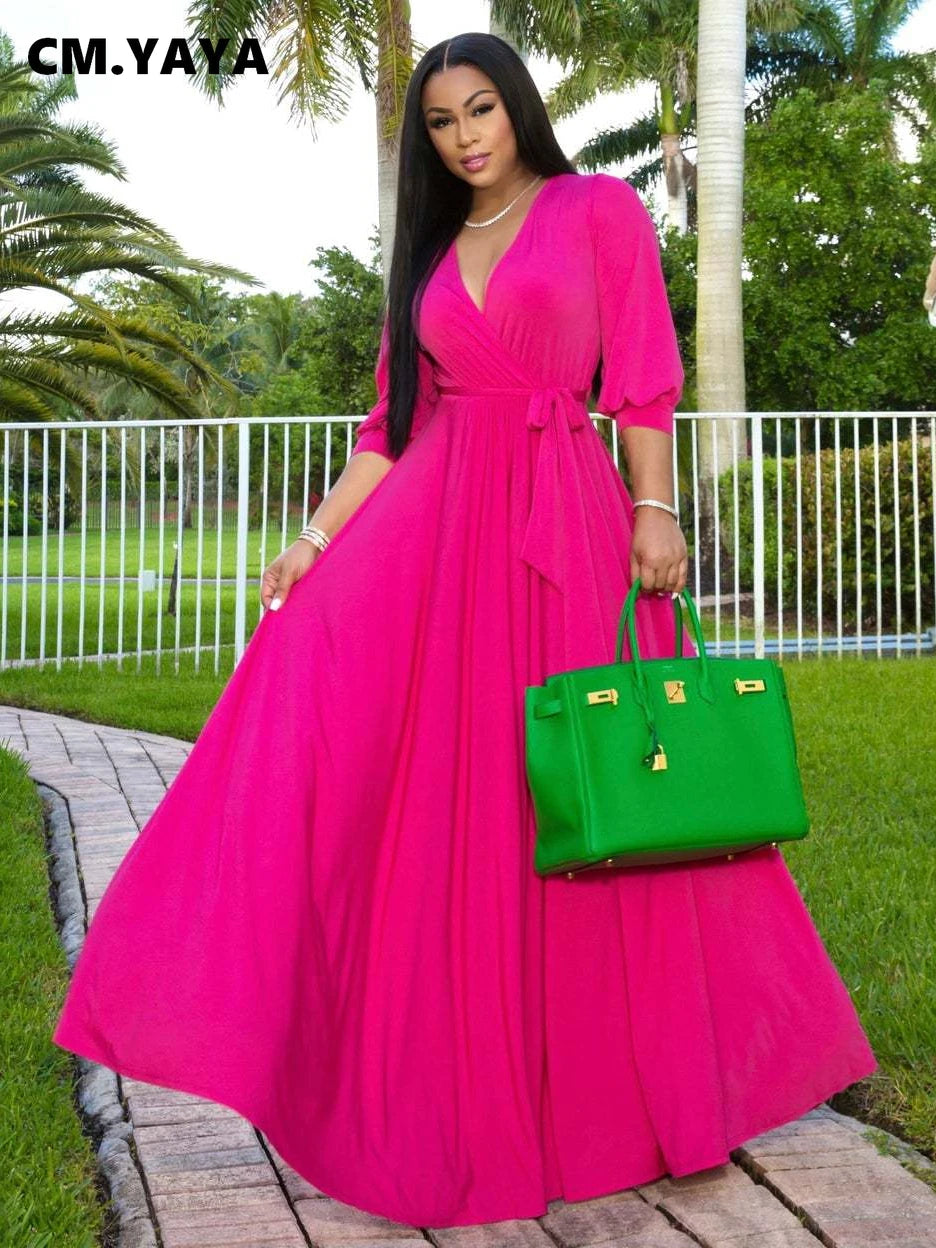 CM.YAYA Elegant Women Wraped V-neck Long Sleeve with Sashes Maxi Long Dress Chic INS Sexy Party Prom Big Swing Pink Dresses GONZALES ONLINE SHOP