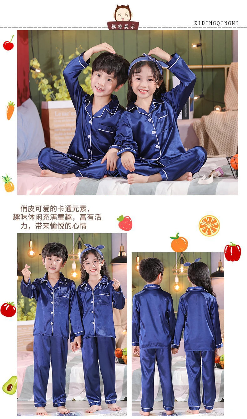 Children Silk Satin Pyjamas Set Baby Sleepwear Pijama Solid color Pajamas Suit Boys Girls Nightwear Autumn Kids Loungewear Pjs GONZALES ONLINE SHOP