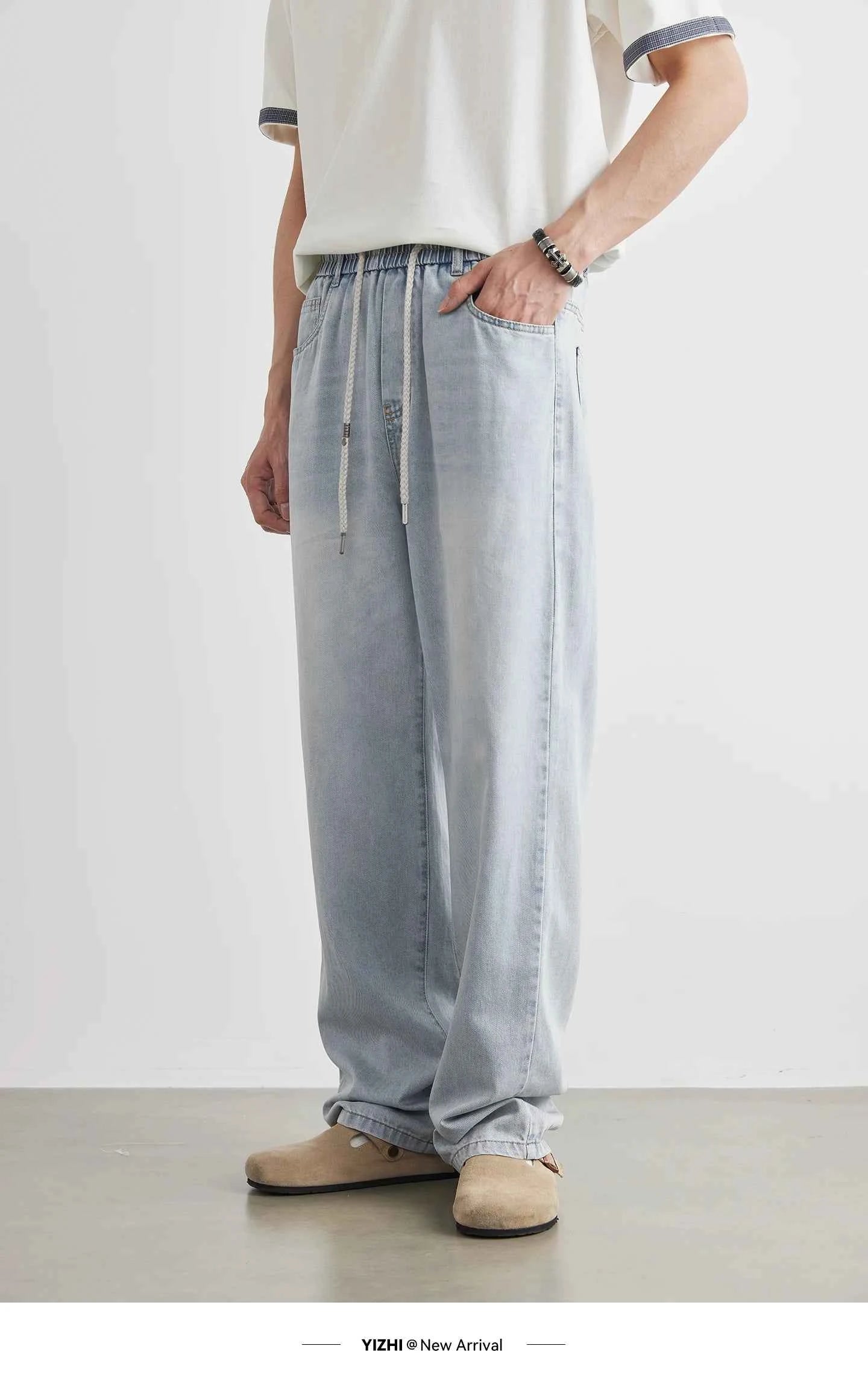 Fashion Men's Drawstring Elastic Waist Street Style Drape Jeans 2025 Summer Light Blue Washed Loose Straight Casual Pants