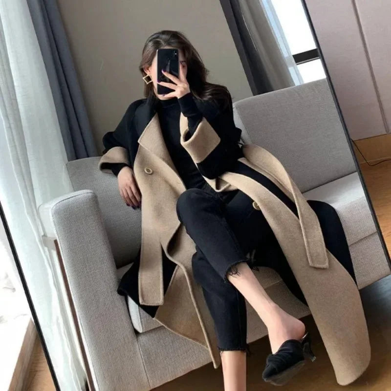 Women Patchwork Long Blends Coat Autumn Winter Turn Collar Single Breasted Coats Commute Elegant Parkas New Chic Warm Outwears GONZALES ONLINE SHOP