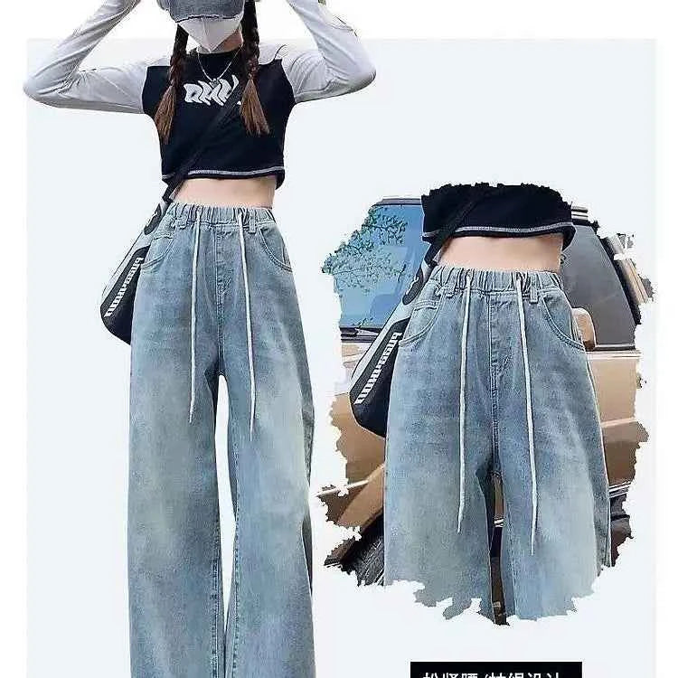 Waist Drawstring Jeans for Women in Spring Summer Korean Version Ins High Waist Slimming Student Straight Wide-leg Floor Pants