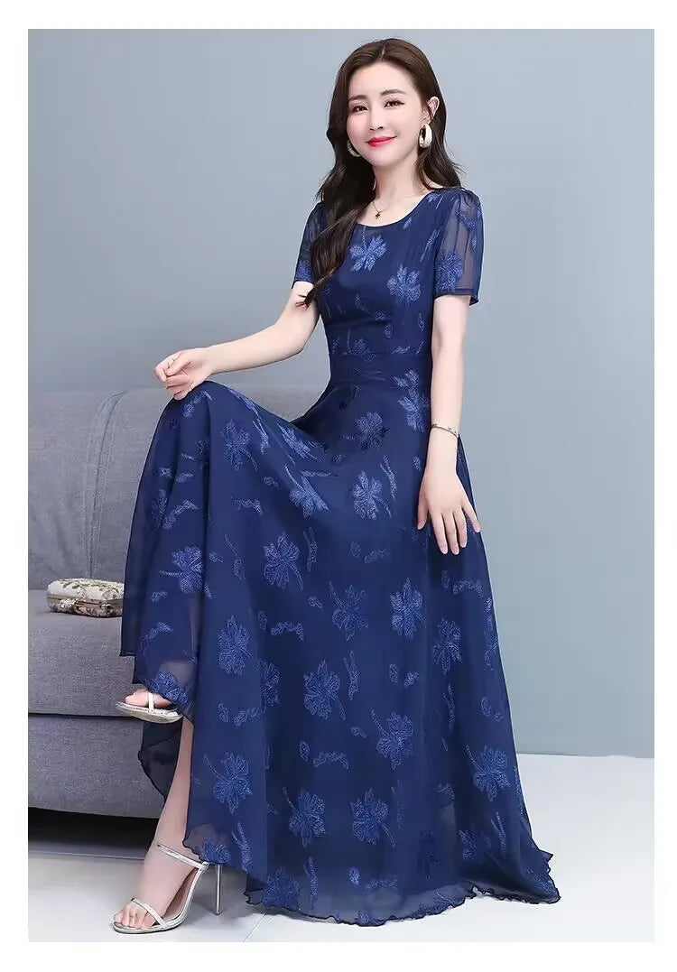 Casual Blue Clothes For Women Summer Maxi Dress 2024 New Red Chiffon O-Neck Party Elegant Boho Korean Fashion Evening Dresses GONZALES ONLINE SHOP