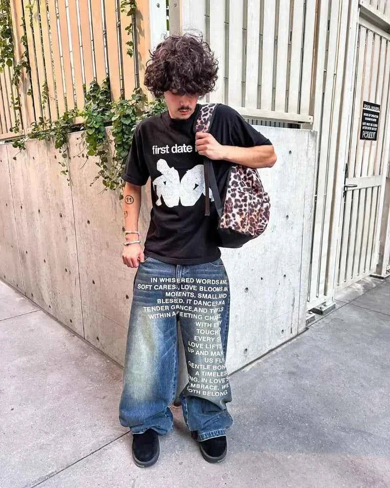 2025 American Fashion Jeans Letter Printing Pattern High Street Casual Wide Legs Y2K Men's Retro Gothic Trendy Casual Pants