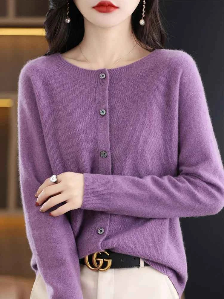 Women Cashmere Sweater 100% Merino Wool Knitted Cardigan Autumn Winter  Knitwear O-Neck Female  Solid Color Casual Fashion Top