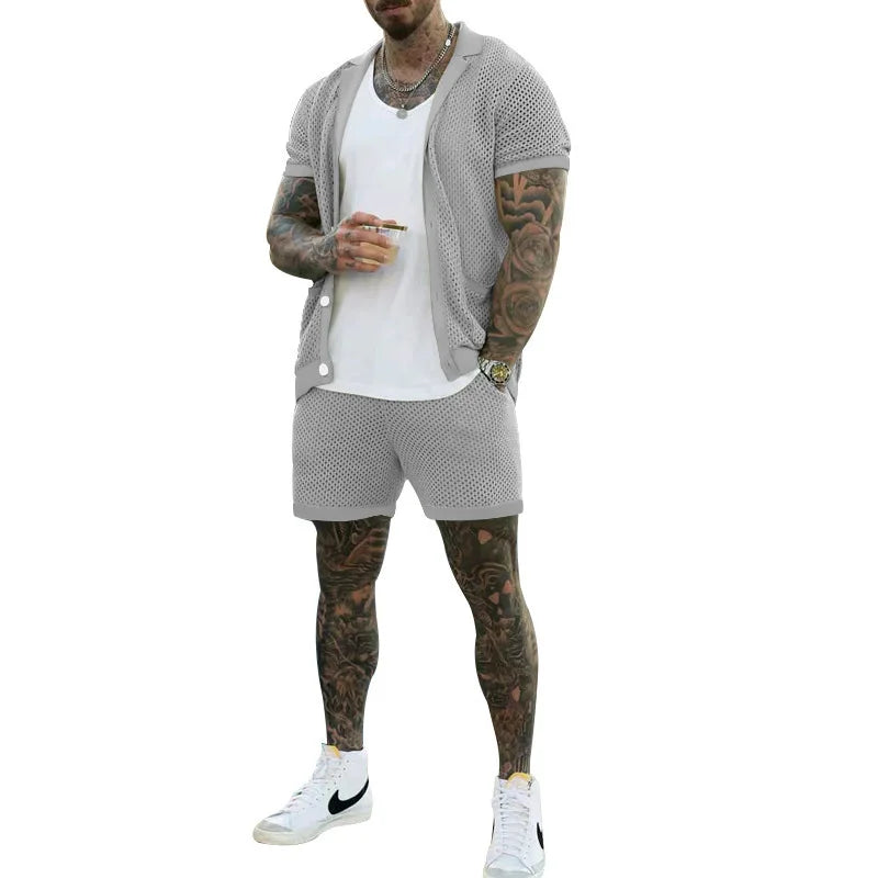 Summer New Men Shorts Mesh Hollow Out Knitted Casual Sports Lapel T-Shirt Short Sleeve Solid Beach Suit Men's 2 Pieces Set Suits GONZALES ONLINE SHOP