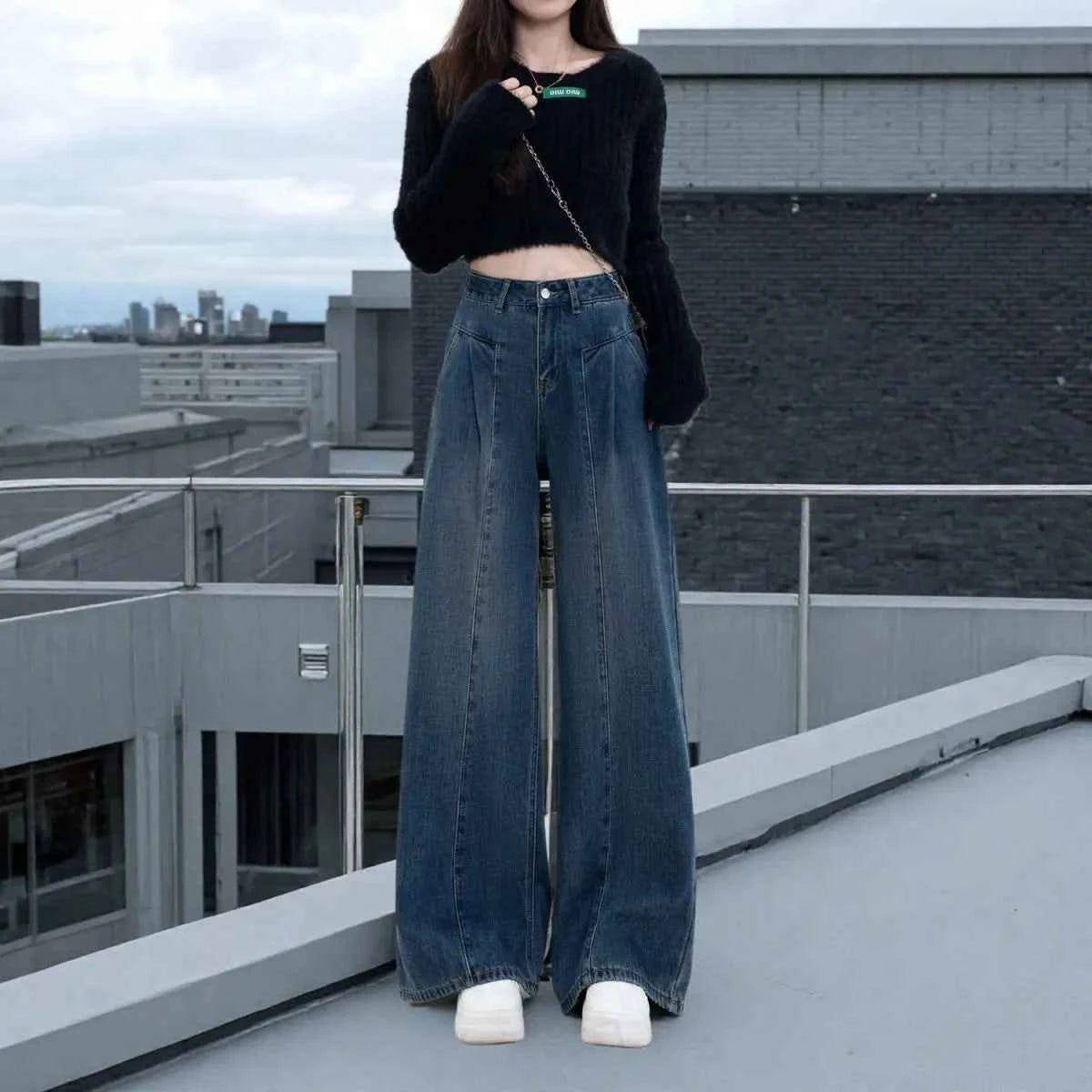 Retro Wide-leg Jeans in Spring Summer and Autumn New High-waist Loose Slim Casual and Versatile Floor Straight Trousers
