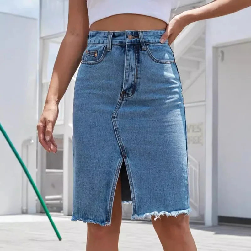 Women Slit Denim Half Skirt Hand Frayed Tassel Raw Edge Skirt Vintage Retro Korean Jean Long Office Lady Slim Fit High Waisted GONZALES ONLINE SHOP