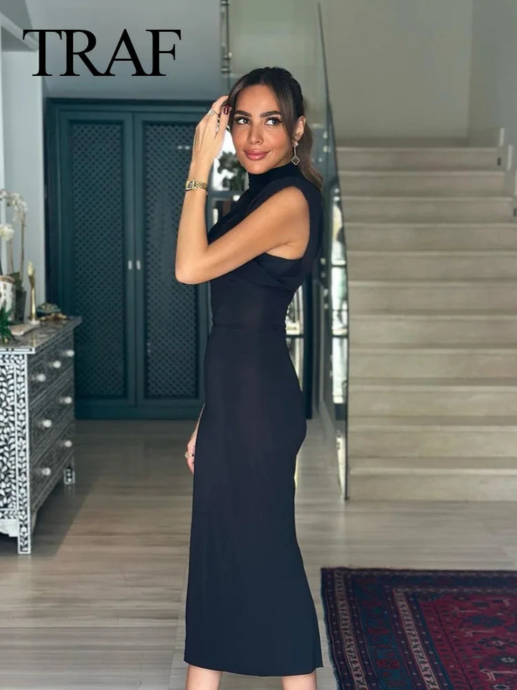 TRAF 2023 Ladies Slim Black Long Dress Women's Sexy Slim Sleeveless Vintage Elegant Midi Dress For Party Club Woman Clothing GONZALES ONLINE SHOP