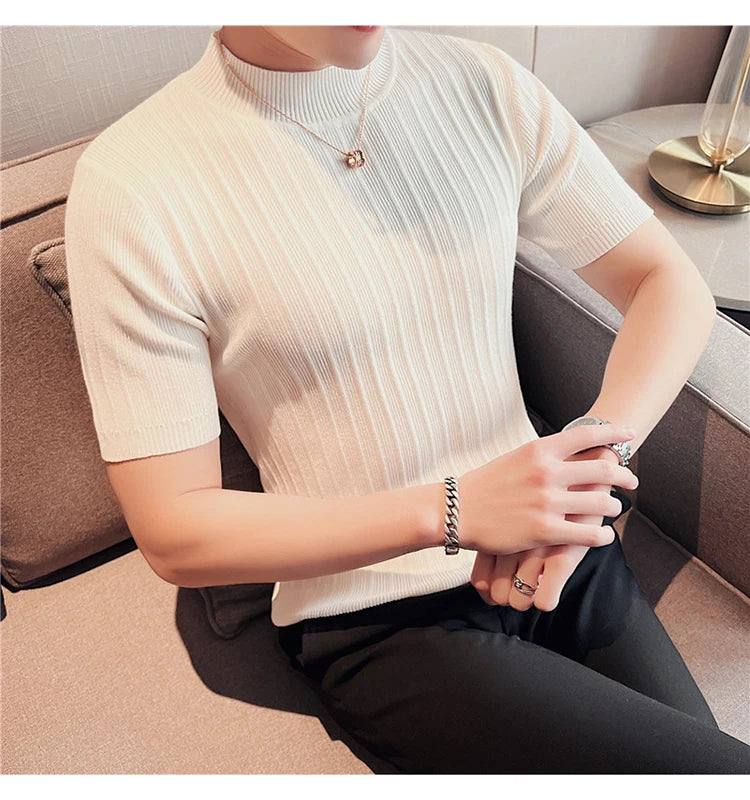 Men's High-End Casual Short Sleeve knitting Sweater/Male High collar Slim Fit Stripe Set head Knit Shirts Plus size S-4XL GONZALES ONLINE SHOP