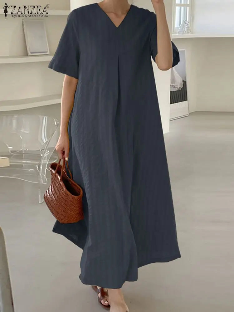 ZANZEA Elegant Women V Neck Short Sleeve Sundress Summer Fashion Casual Loose Maxi Dress Robe Femme Holiday Vestido Oversize GONZALES ONLINE SHOP