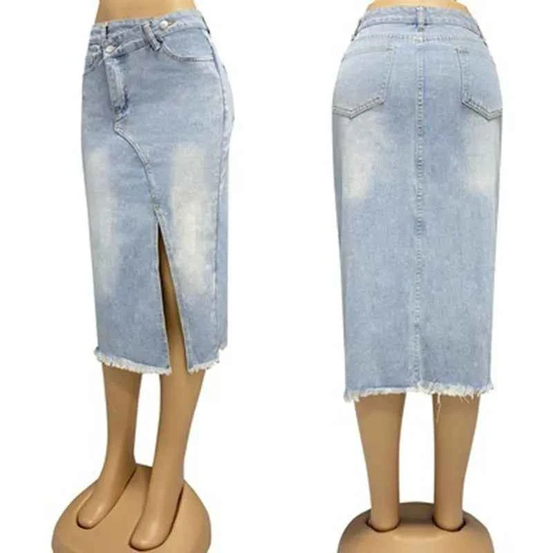 DongCMY Luxury Fashion Spring And Summer New Retro Denim Skirt Women's Fashion Slit Splicing Mid-length A-line Skirt