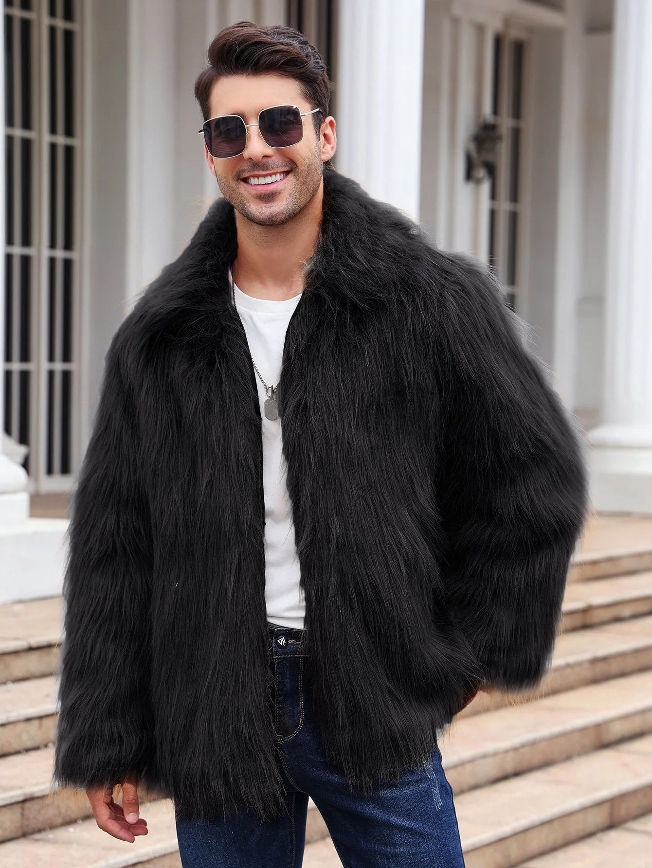 Men Faux Fox Fur Jacket Coat Winter Thick Fluffy Long Sleeve Lapel Warm Shaggy Outerwear Luxury Fur Jacket Bontjas Jackets Mens GONZALES ONLINE SHOP