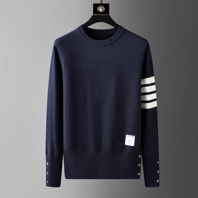 High end brand round neck sweater men's autumn and winter 2023 new classic four stripe trend hem split Korean casual pullover GONZALES ONLINE SHOP