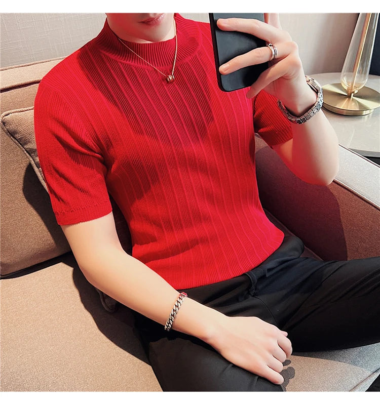 Men's High-End Casual Short Sleeve knitting Sweater/Male High collar Slim Fit Stripe Set head Knit Shirts Plus size S-4XL GONZALES ONLINE SHOP