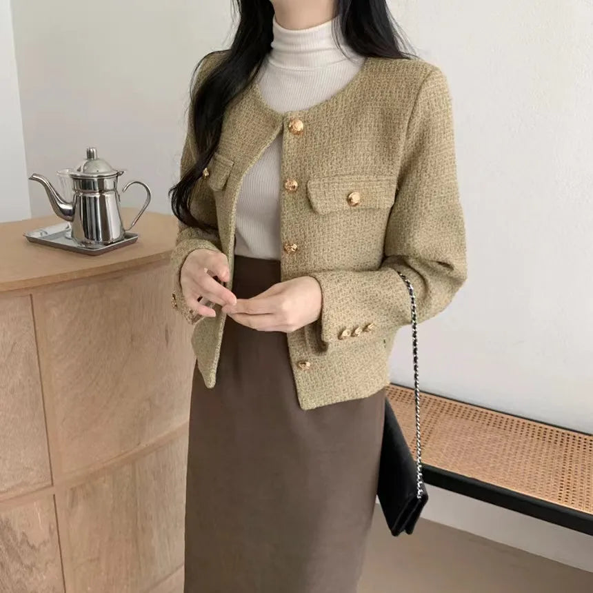 Korean Style Chic Women's Suit Jacket Autumn and Winter New French Style Elegant Short Coat Solid All-match Office Lady Suit Top GONZALES ONLINE SHOP