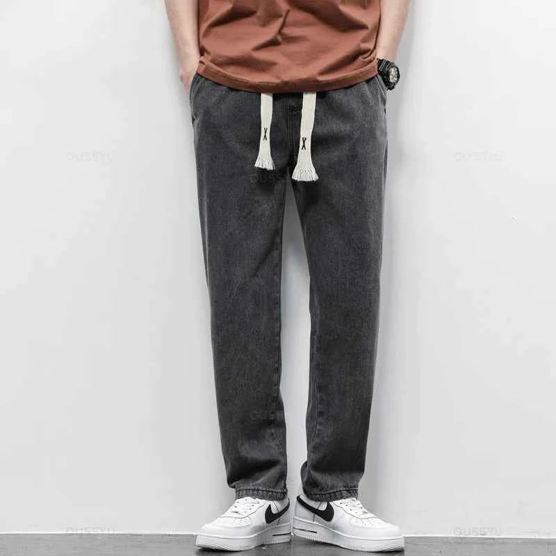 High Quality Fully Elastic Waist Men's Jeans Cotton Soft Drawstring Straight Pants Korea Casual Trousers Male Plus Size S-5XL