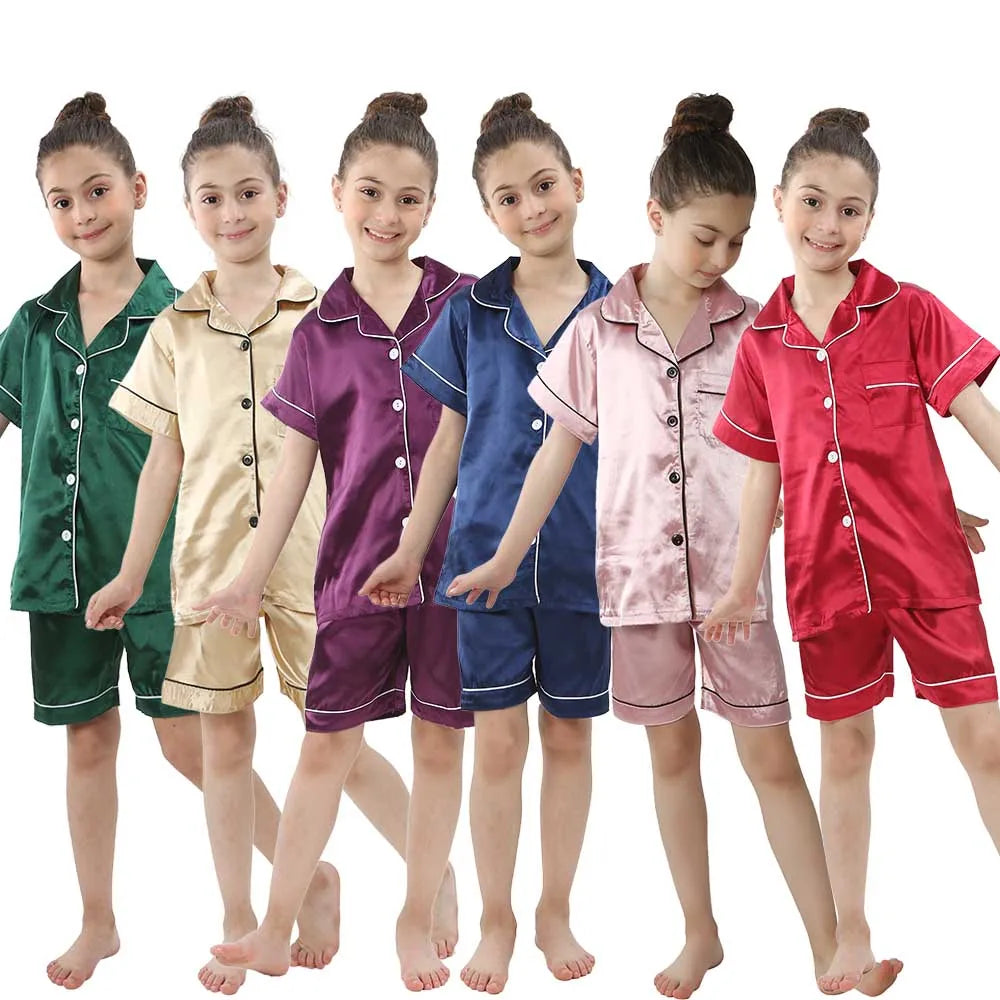 Children Silk Satin Pyjamas Set Baby Sleepwear Pijama Solid color Pajamas Suit Boys Girls Nightwear Autumn Kids Loungewear Pjs GONZALES ONLINE SHOP