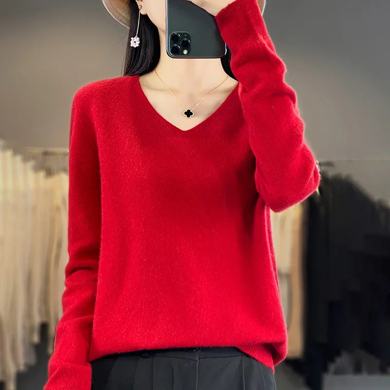 Women 100% Merino Wool Sweater V-Neck Basic Pullover Autumn Winter Cashmere Clothing Long Sleeve Soft Knitwear Tops Solid Color GONZALES ONLINE SHOP