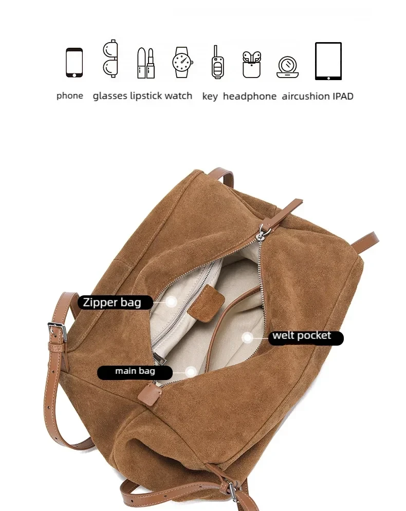 Women's Natural Nuede Genuine Leather Handbags Ladies large capacity Tote Bag Female Design Luxury Commuting Yoga Bag  hobo bag