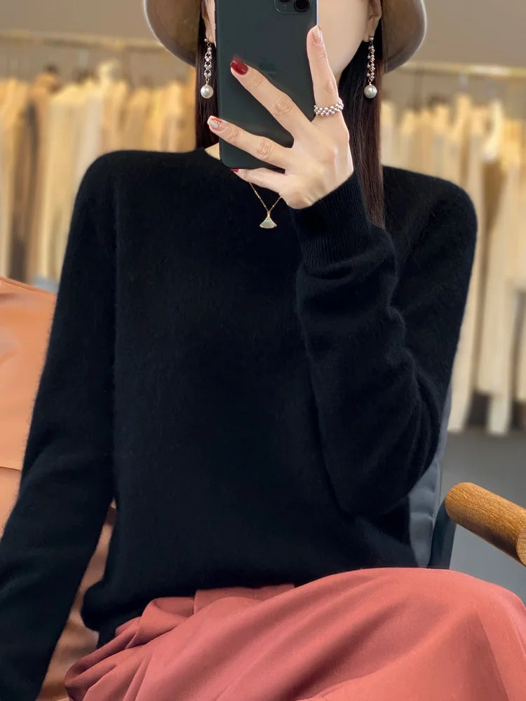 100% Merino Wool Sweater Women O-neck Cashmere Knitwear Female Pullover Autumn Winter Casual Tops Solid Color Soft  Clothing GONZALES ONLINE SHOP