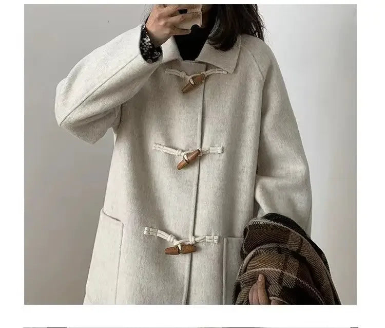 Women Chic Horn Button Long Blends Coats Solid Colors Warm Autumn Winter Coats Big Pockets Elegant Commute Outwears New Parkas GONZALES ONLINE SHOP