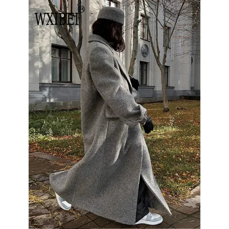 Retro Turn Down Collar Long Coat Women Autumn Solid Long Sleeve Maxi Coats Female Elegant Chic Oversize Double Breasted Outwear GONZALES ONLINE SHOP