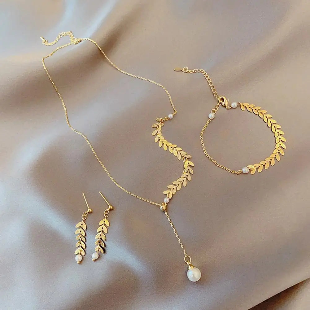 Fashion 3pcs Wheat Necklace Bracelet Earring Set Retro Wheat Leaf Clavicle Chainsexy Sling Accessories Korean Women's Jewelry GONZALES ONLINE SHOP