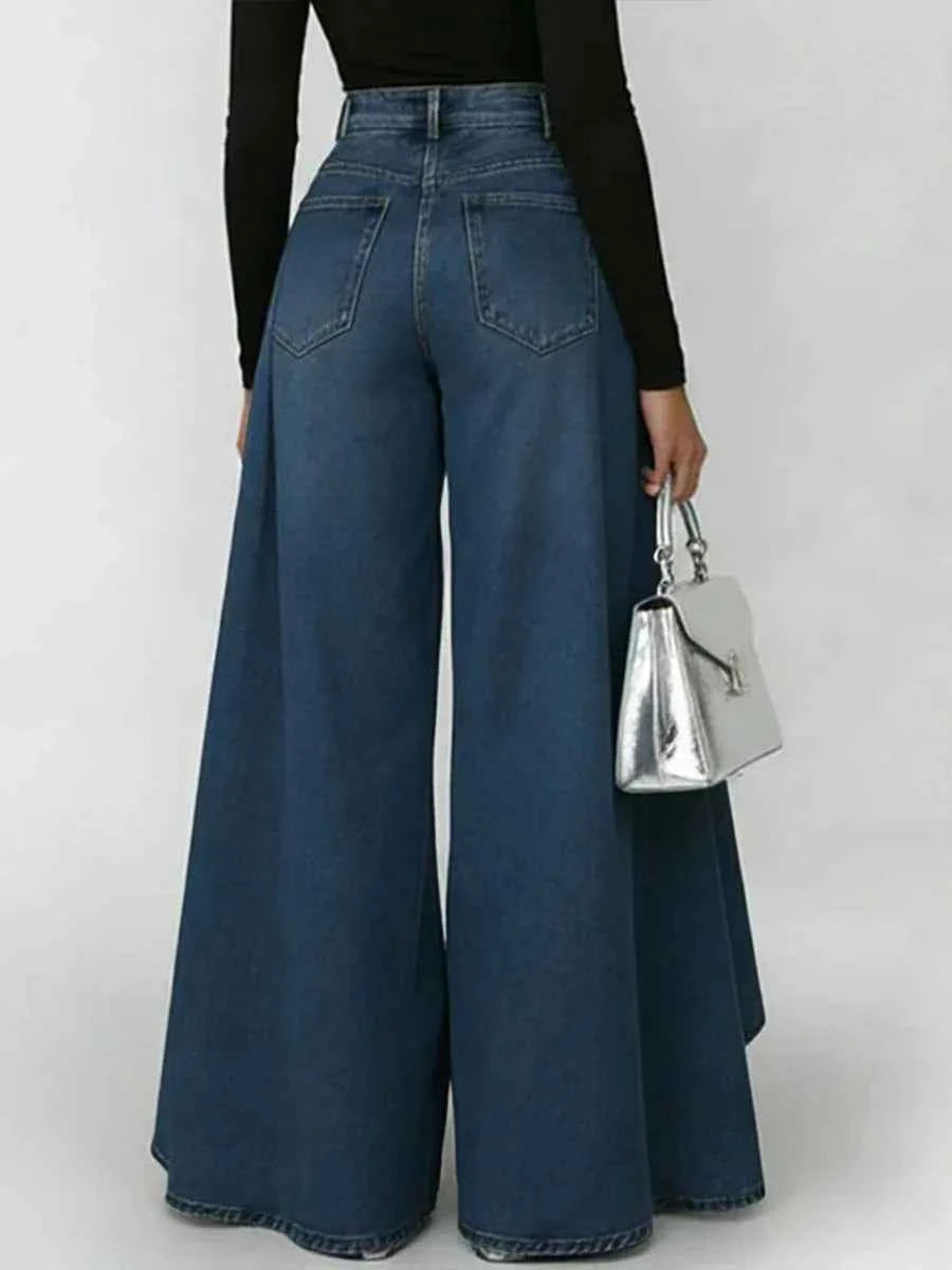High Waisted Wide Leg Jeans For Women Asymmetrical Hem Loose Fit Denim Pants Streetwear Fashion With Pockets  Casual Trousers