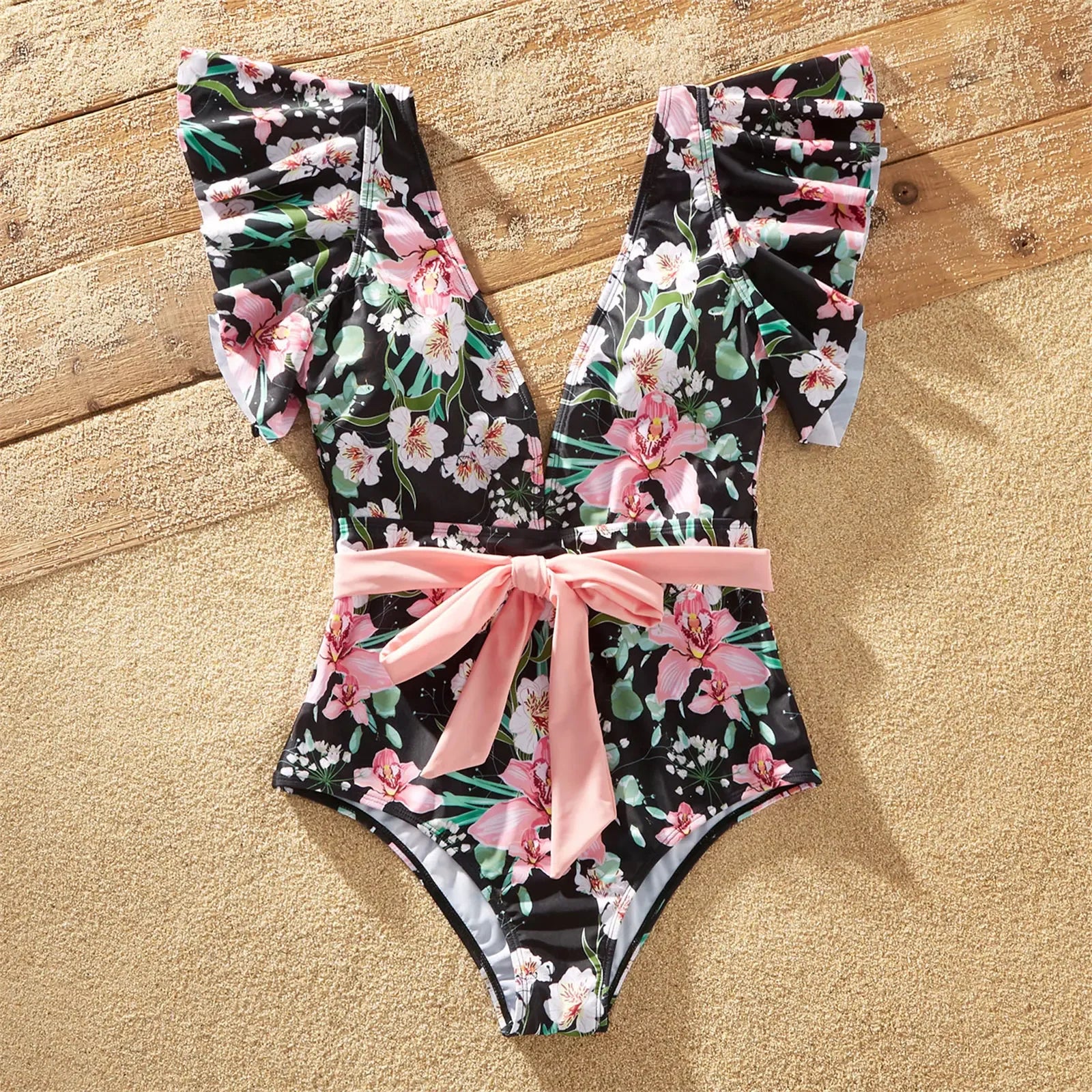 PatPat Family Matching Allover Floral Print Swim Trunks Shorts and Ruffle-sleeve Belted One-Piece Swimsuit Suitable for Summer GONZALES ONLINE SHOP