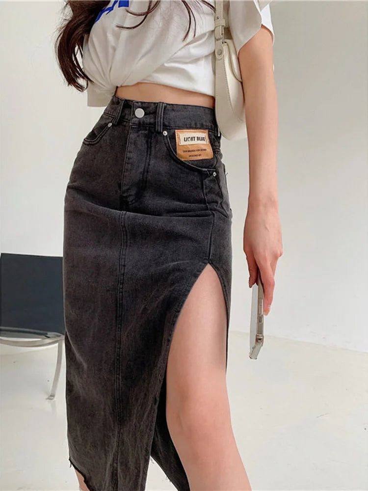 Streamgirl Maxi Jeans Skirt Women Denim Long Skirts Summer 2024 Vintage Maxi Skirt Side Split Denim Skirt Women Long Korean GONZALES ONLINE SHOP