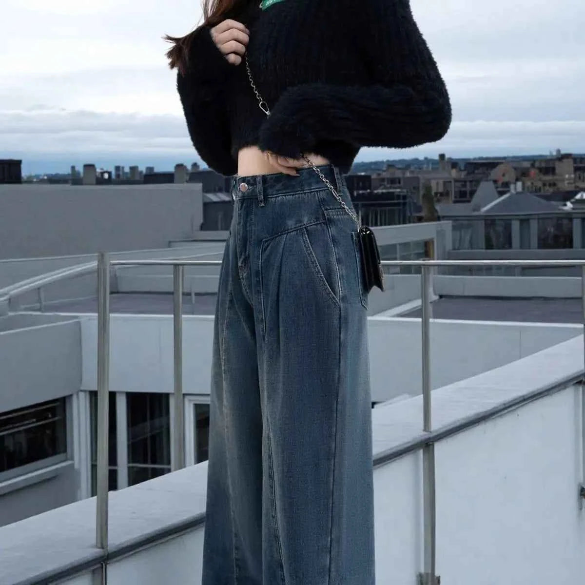 Retro Wide-leg Jeans in Spring Summer and Autumn New High-waist Loose Slim Casual and Versatile Floor Straight Trousers