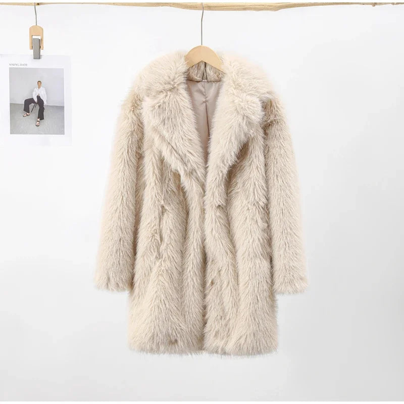 Solid Thicken Fur Coat Women Elegant Turn Down Collar Female Warm  Cardigan Top 2024 Long Sleeves Ladies Winter Chic Outerwear GONZALES ONLINE SHOP