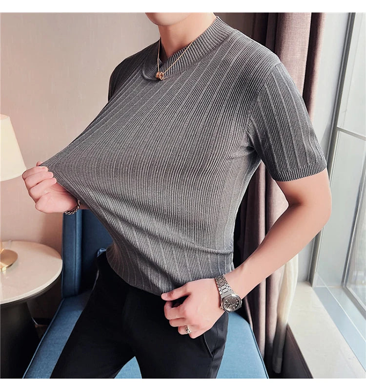 Men's High-End Casual Short Sleeve knitting Sweater/Male High collar Slim Fit Stripe Set head Knit Shirts Plus size S-4XL GONZALES ONLINE SHOP