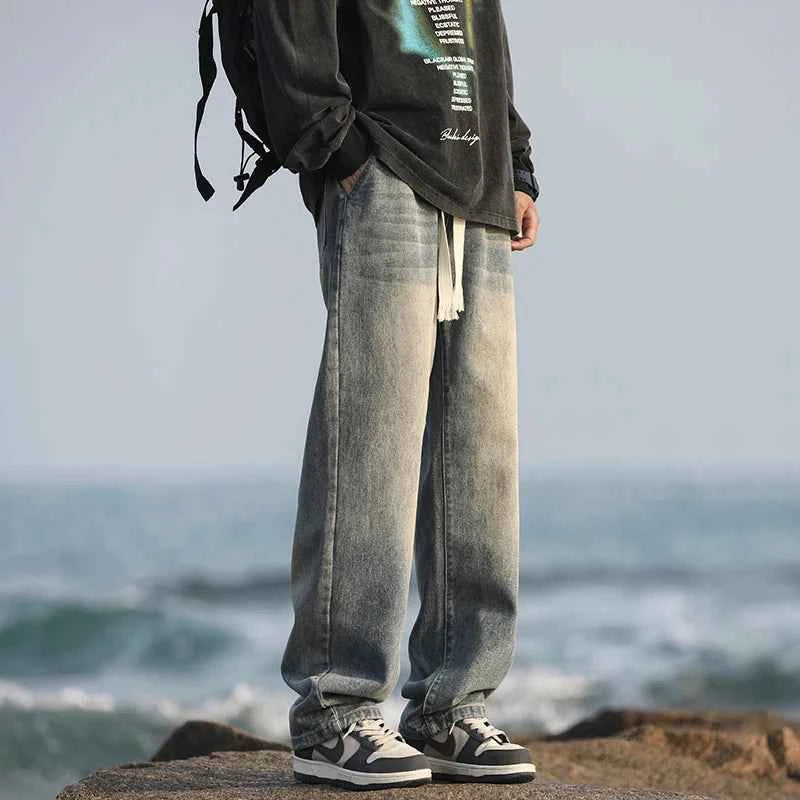 Men's summer loose straight leg pants with elastic drawstring, casual jeans, comfortable, fashionable and trendy jeans