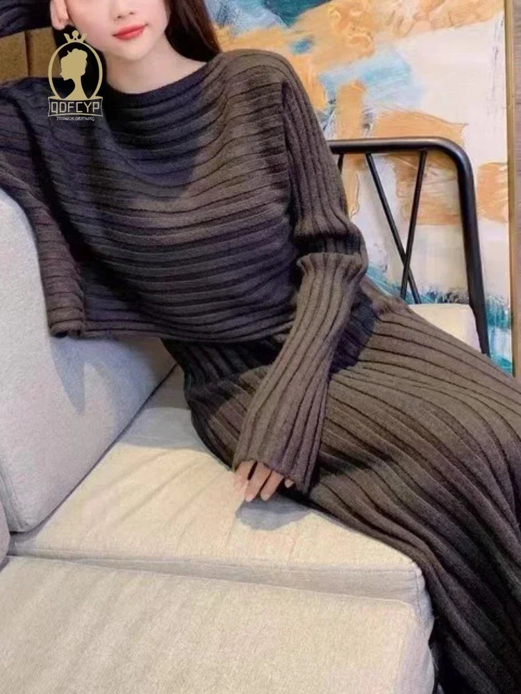 Women's Dress Sets Autumn Winter 2024 New Temperament Pullover Long Sleeve Knit Sundress Fashion Two-piece Dress Set for Women GONZALES ONLINE SHOP