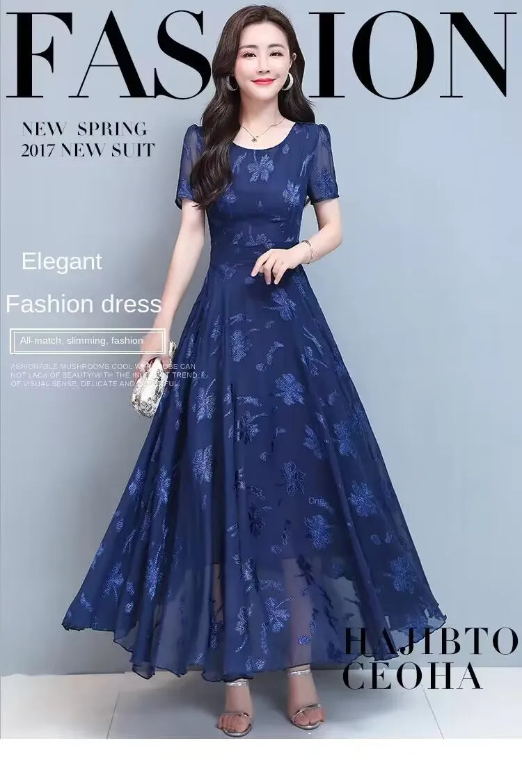 Casual Blue Clothes For Women Summer Maxi Dress 2024 New Red Chiffon O-Neck Party Elegant Boho Korean Fashion Evening Dresses GONZALES ONLINE SHOP