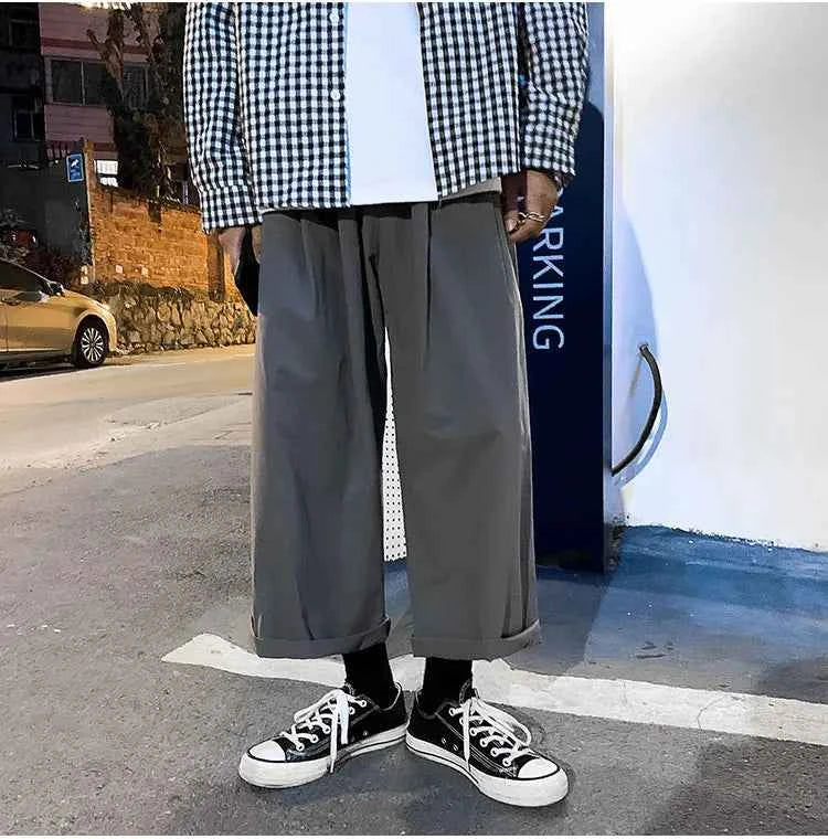 Wide Leg Pants Men Drape Straight Loose Harajuku Vintage Japan Style Ankle-length Trousers Cozy Versatile Black Pantalones Male