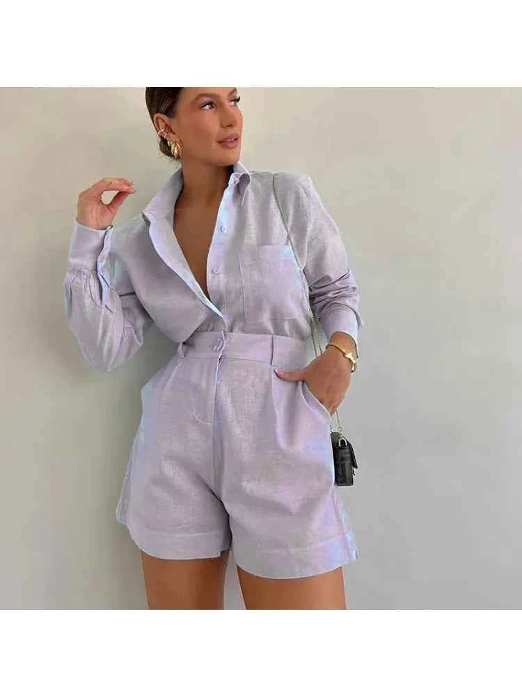 Women Long Sleeve 2 Pieces Sets Casual Simple Button Pockets Short Pant with Shirts Tops 2026 Summer Fashion Suit Female Outfits