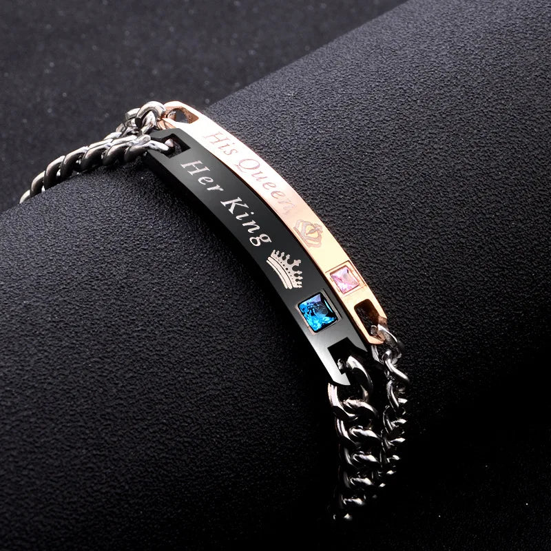 2 Style His Queen Her King Black Rose Gold Color Women's Male Chain Crystal Couple Bracelet for Men Femmo on Hands Jewelry GONZALES ONLINE SHOP