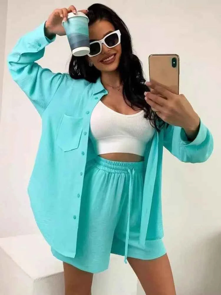 Three sisters 2025 New Summer Women's Solid Single breasted Long Sleeve Shirt Loose Fashion Casual Shorts Beach Wholesale suit