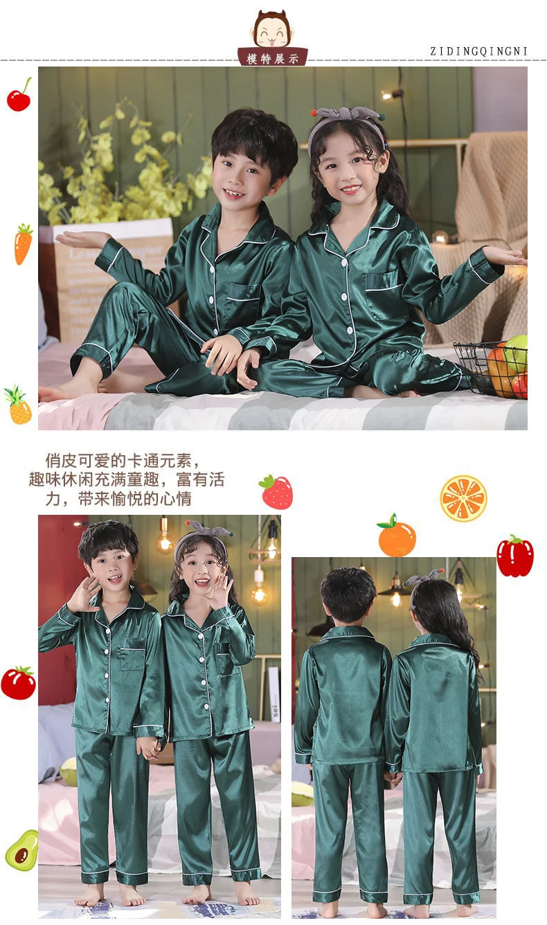 Children Silk Satin Pyjamas Set Baby Sleepwear Pijama Solid color Pajamas Suit Boys Girls Nightwear Autumn Kids Loungewear Pjs GONZALES ONLINE SHOP