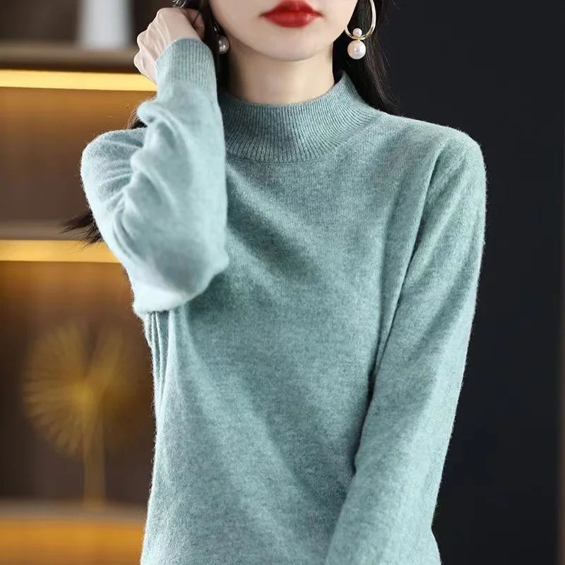 Half High Solid Color Cashmere Sweater For Women Loose Pullover Autumn and Winter Contracted Commuter Basic Knitwear Top Base GONZALES ONLINE SHOP