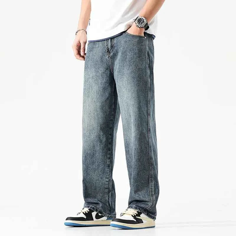 Wide Leg Jeans Men Baggy Pants Summer Straight Cut Loose Retro Blue Denim Pants Streetwear Fashion Pockets Vintage Man Clothes