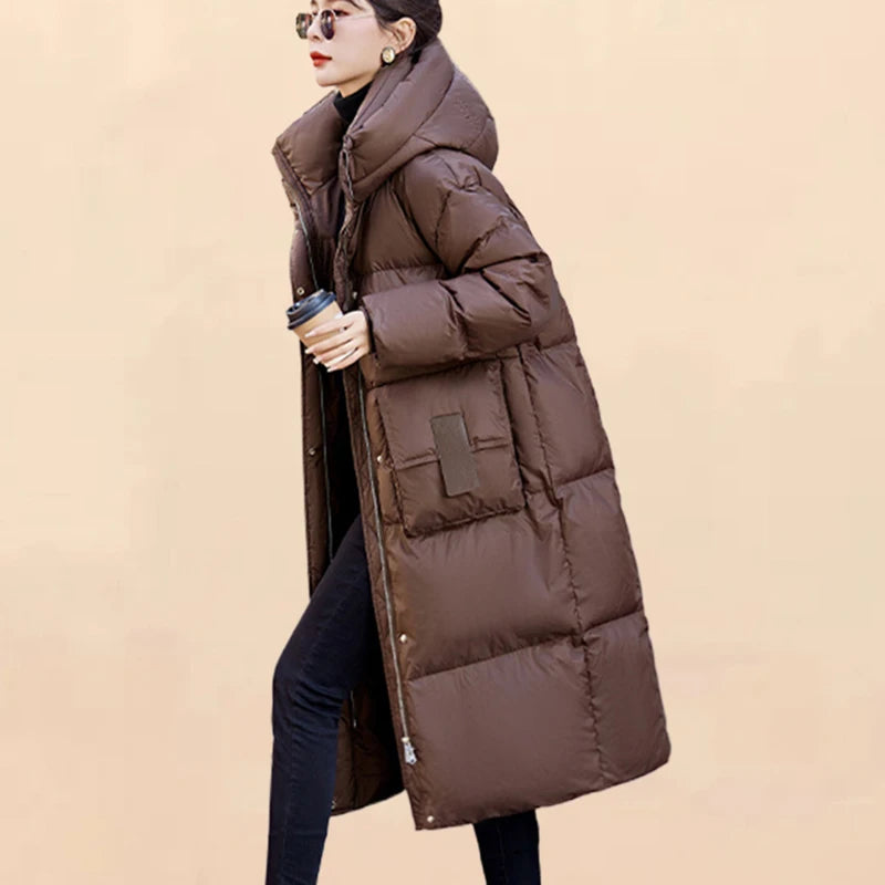 Women's Hooded Thickened Parker Coat Long Sleeve Jacket solid Down Cotton Padded Warm Windproof Winter New Elegant Chic Outwear GONZALES ONLINE SHOP