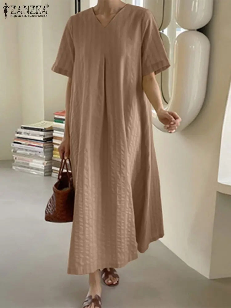 ZANZEA Elegant Women V Neck Short Sleeve Sundress Summer Fashion Casual Loose Maxi Dress Robe Femme Holiday Vestido Oversize GONZALES ONLINE SHOP