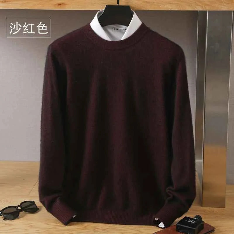Men's 100% Pure Mink Cashmere Sweater O-Neck Pullovers Knit Sweater Autumn and Winter New Long Sleeve High-End Jumpers Mink Tops