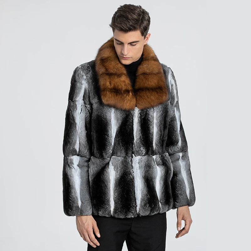 Fur Lover Winter Men's Real Chinchilla Fur Full Skin Overcoat Authentic Chinchilla Fur Long Coat With Genuine Sable Fur Collar GONZALES ONLINE SHOP