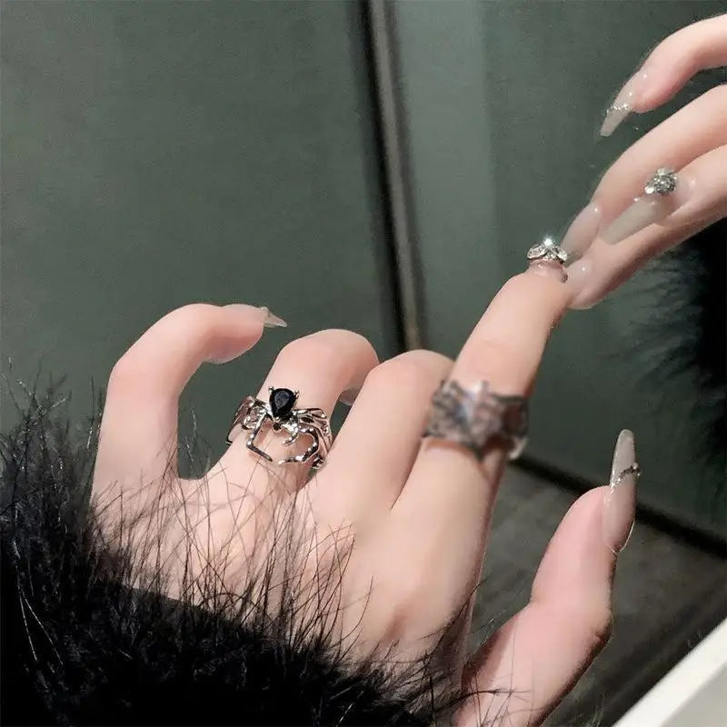 Gothic Punk Spider Webs Zircon Adjustable Ring Women Black Crystal Dark Animal Rings Hip Hop Fashion Party Finger Jewelry GONZALES ONLINE SHOP