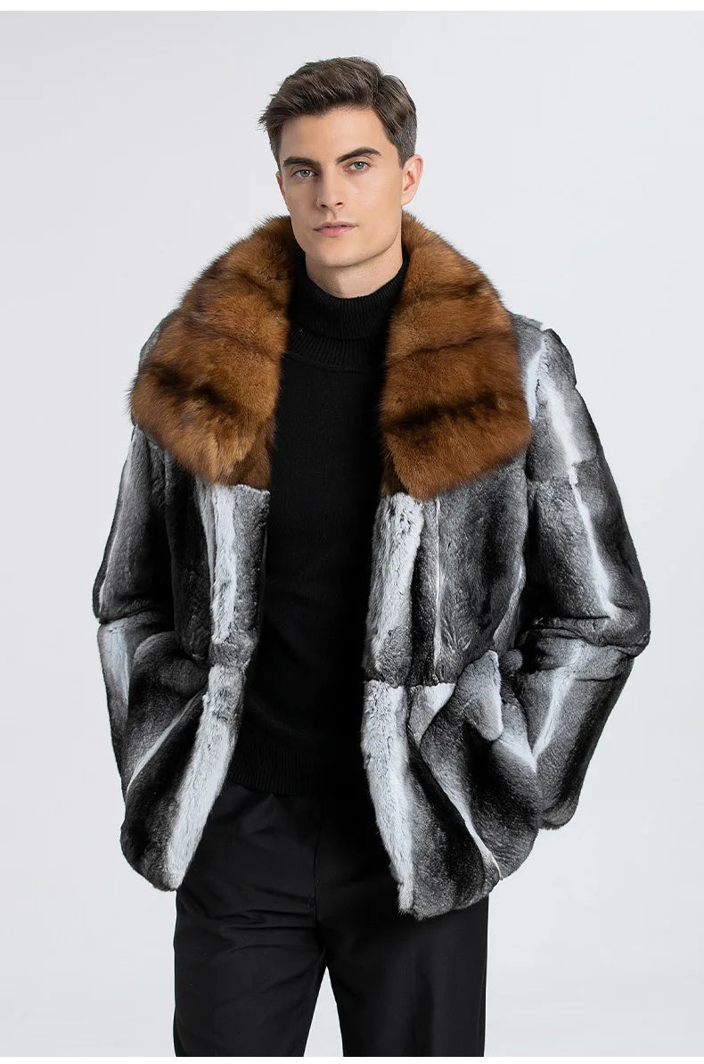 Fur Lover Winter Men's Real Chinchilla Fur Full Skin Overcoat Authentic Chinchilla Fur Long Coat With Genuine Sable Fur Collar GONZALES ONLINE SHOP