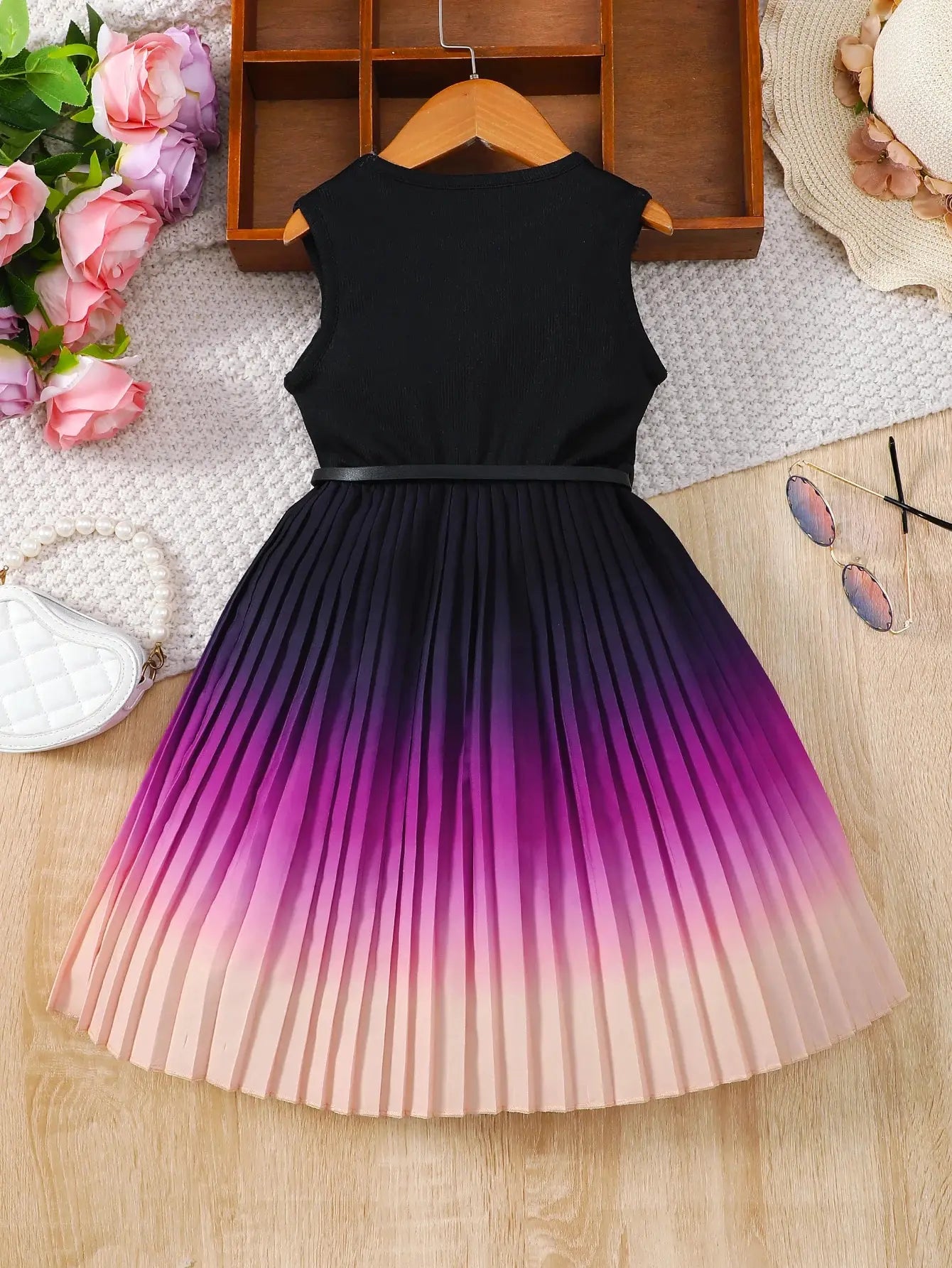 Girl's Gradient Color Blocking Pleated Hem Summer Sleeveless Belt Dress GONZALES ONLINE SHOP